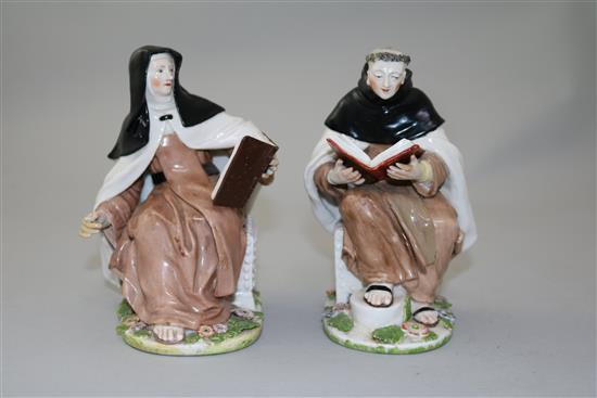 Two Chelsea porcelain figures of a nun and a monk, c.1755, height 13.3cm, both with slight restorations